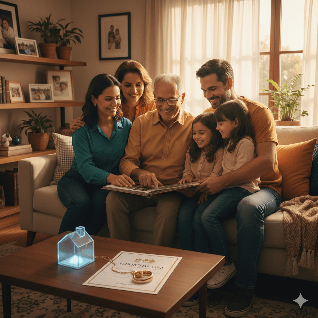 Família multigeracional brasileira reunida - avós, pais e filhos representando proteção, seguro de vida e cuidado familiar